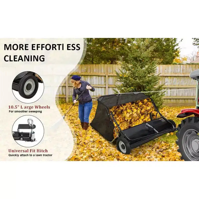 48 Black Tow Behind Lawn Sweeper  26 Cu. Ft Heavy Duty Leaf & Grass Collector for Tractors, Adjustable Height for Yard Cleanup