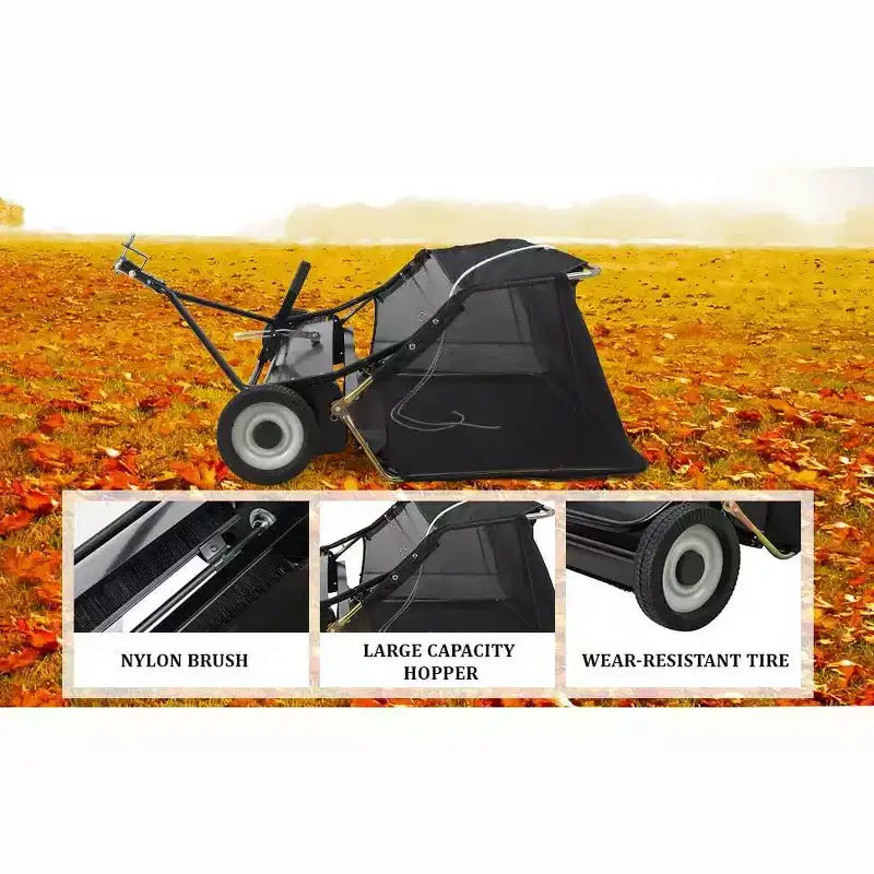 48 Black Tow Behind Lawn Sweeper  26 Cu. Ft Heavy Duty Leaf & Grass Collector for Tractors, Adjustable Height for Yard Cleanup