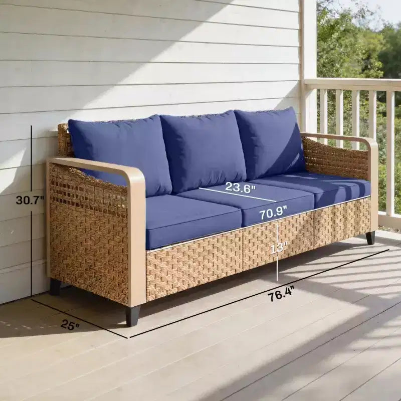 GDFStudio Yvette 76 Modern 3-Seater Outdoor Wicker and Metal Sofa with Cushions