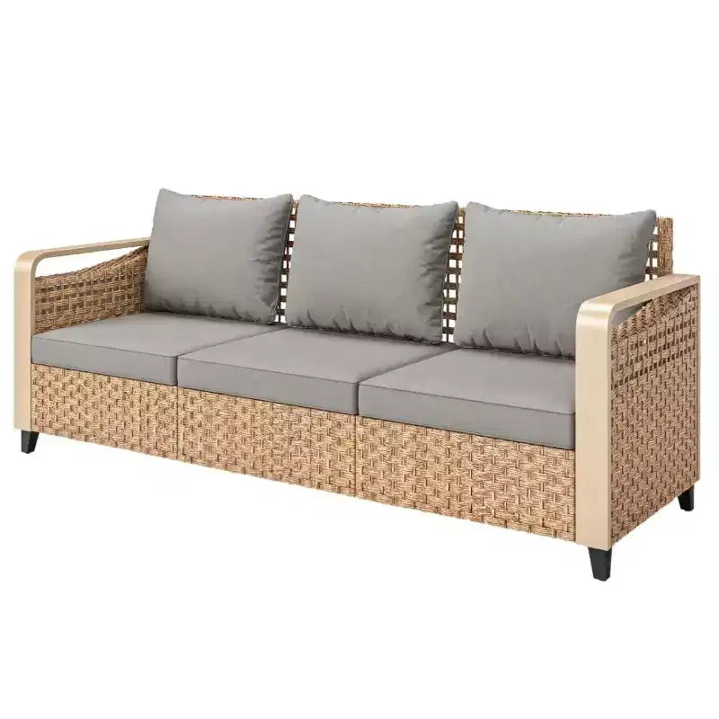 GDFStudio Yvette 76 Modern 3-Seater Outdoor Wicker and Metal Sofa with Cushions