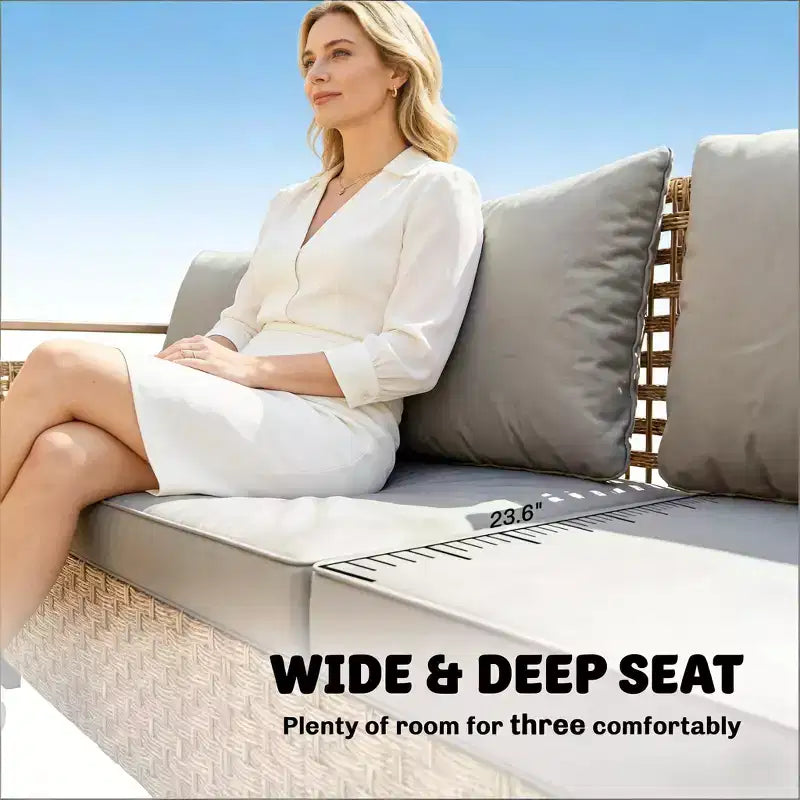 GDFStudio Yvette 76 Modern 3-Seater Outdoor Wicker and Metal Sofa with Cushions