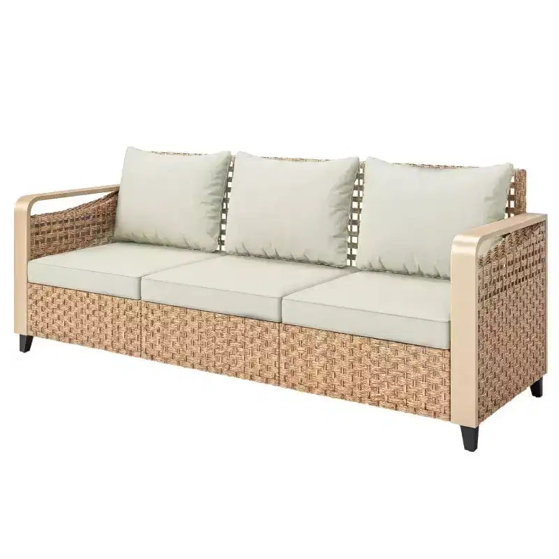 GDFStudio Yvette 76 Modern 3-Seater Outdoor Wicker and Metal Sofa with Cushions