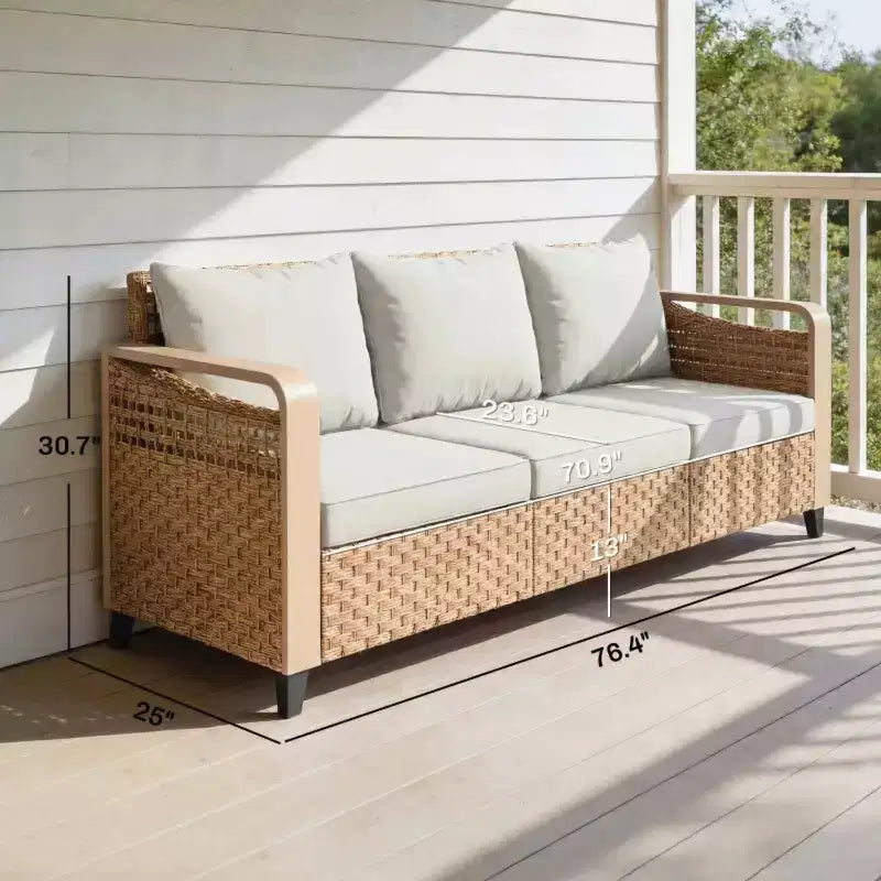 GDFStudio Yvette 76 Modern 3-Seater Outdoor Wicker and Metal Sofa with Cushions