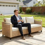 GDFStudio Yvette 76 Modern 3-Seater Outdoor Wicker and Metal Sofa with Cushions