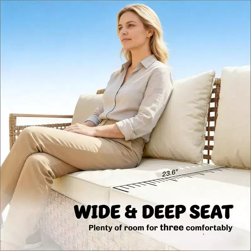GDFStudio Yvette 76 Modern 3-Seater Outdoor Wicker and Metal Sofa with Cushions