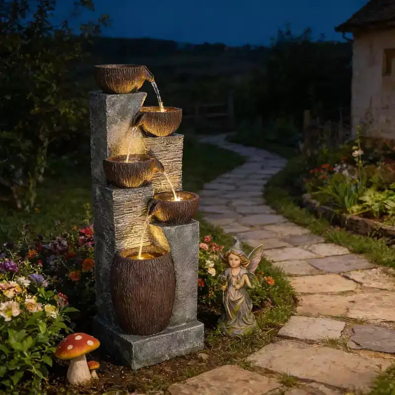 GDFStudio Hulda Rustic Tiered Crock-Shaped Outdoor Water Fountain with LED Lights