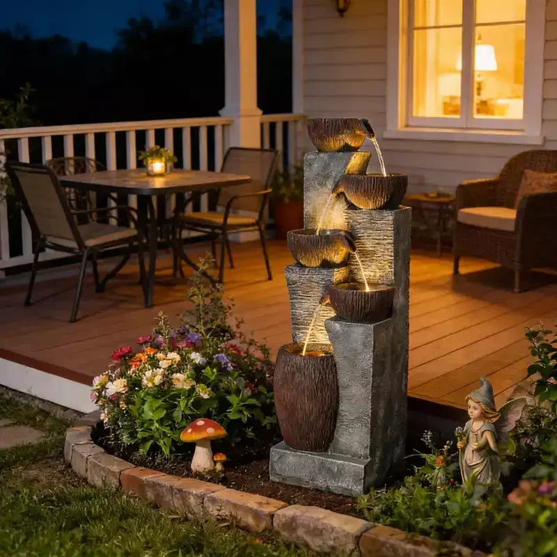 GDFStudio Hulda Rustic Tiered Crock-Shaped Outdoor Water Fountain with LED Lights