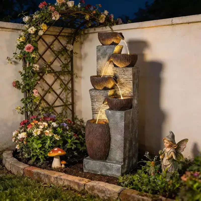 GDFStudio Hulda Rustic Tiered Crock-Shaped Outdoor Water Fountain with LED Lights
