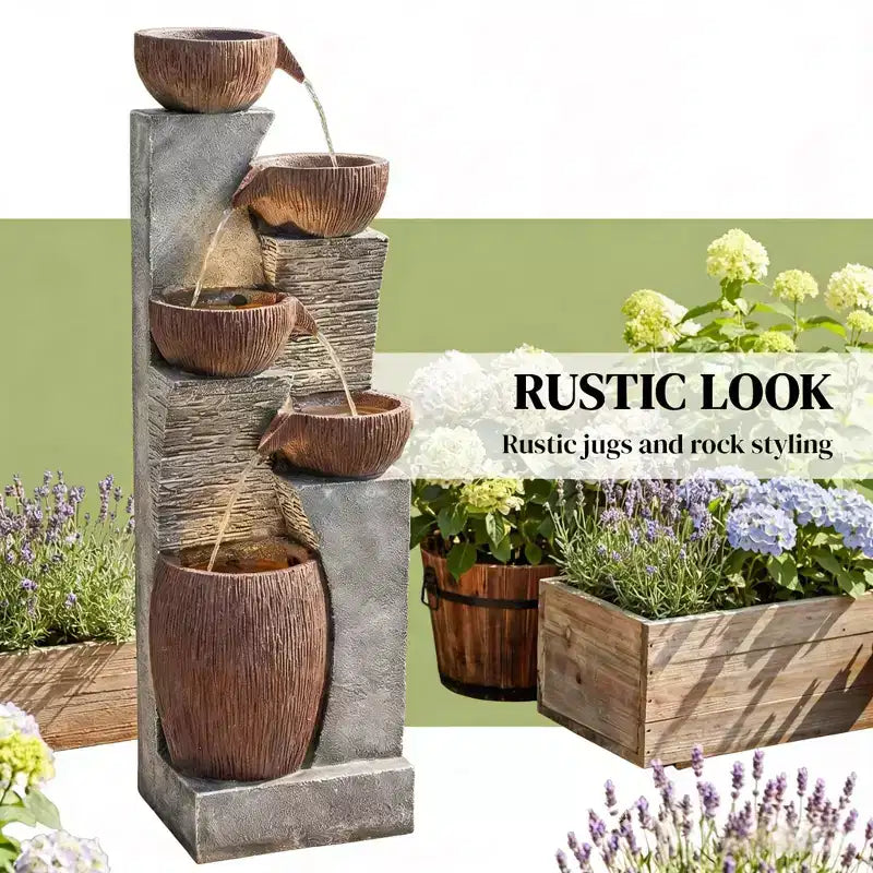 GDFStudio Hulda Rustic Tiered Crock-Shaped Outdoor Water Fountain with LED Lights