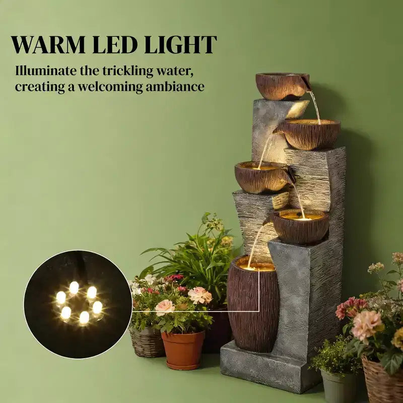 GDFStudio Hulda Rustic Tiered Crock-Shaped Outdoor Water Fountain with LED Lights