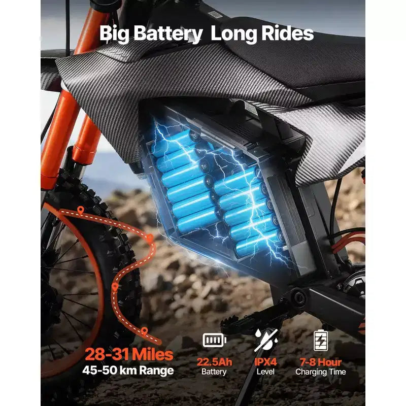 VEVOR Electric Dirt Bike for Teens Adults, 2000W Motor, 31 MPH Speed, 31 Miles Max Range, 48V 22.5Ah Battery, with Light, Display,Black