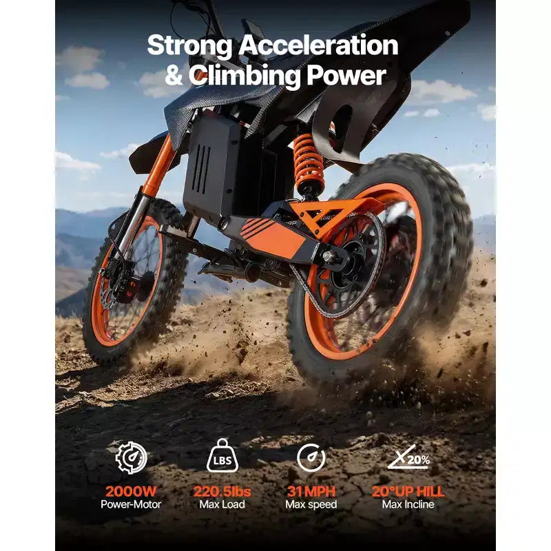 VEVOR Electric Dirt Bike for Teens Adults, 2000W Motor, 31 MPH Speed, 31 Miles Max Range, 48V 22.5Ah Battery, with Light, Display,Black