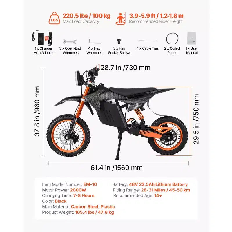 VEVOR Electric Dirt Bike for Teens Adults, 2000W Motor, 31 MPH Speed, 31 Miles Max Range, 48V 22.5Ah Battery, with Light, Display,Black