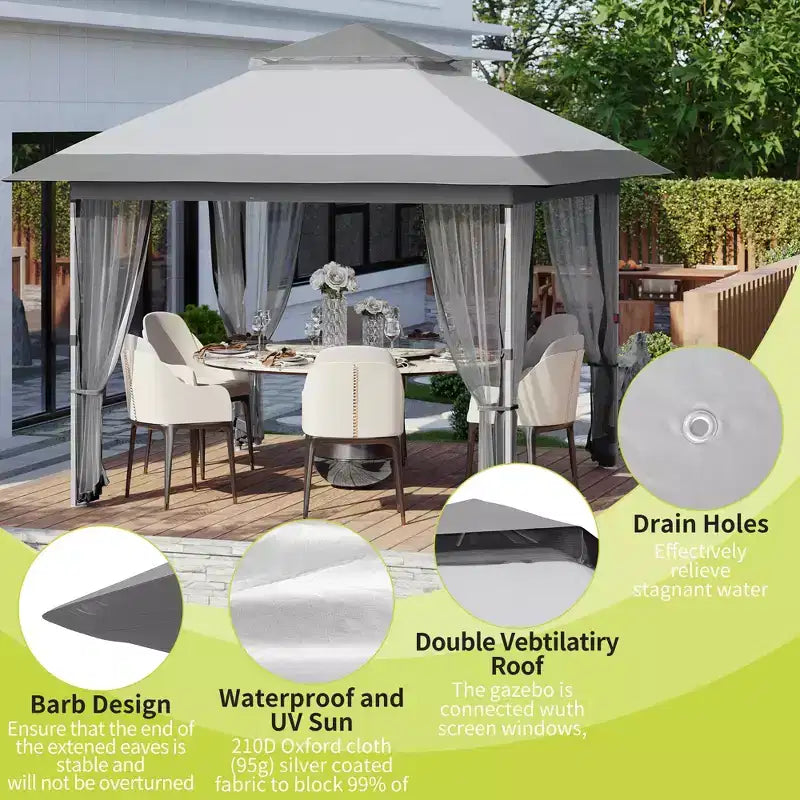 GustoWave 10x10 Ft Pop-Up Gazebo, Instant Waterproof Canopy Tent with Mosquito Netting & Sidewalls, Outdoor Shelter for Patio Garden