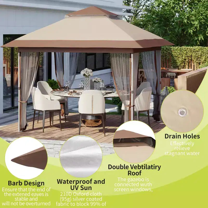 GustoWave 10x10 Ft Pop-Up Gazebo, Instant Waterproof Canopy Tent with Mosquito Netting & Sidewalls, Outdoor Shelter for Patio Garden