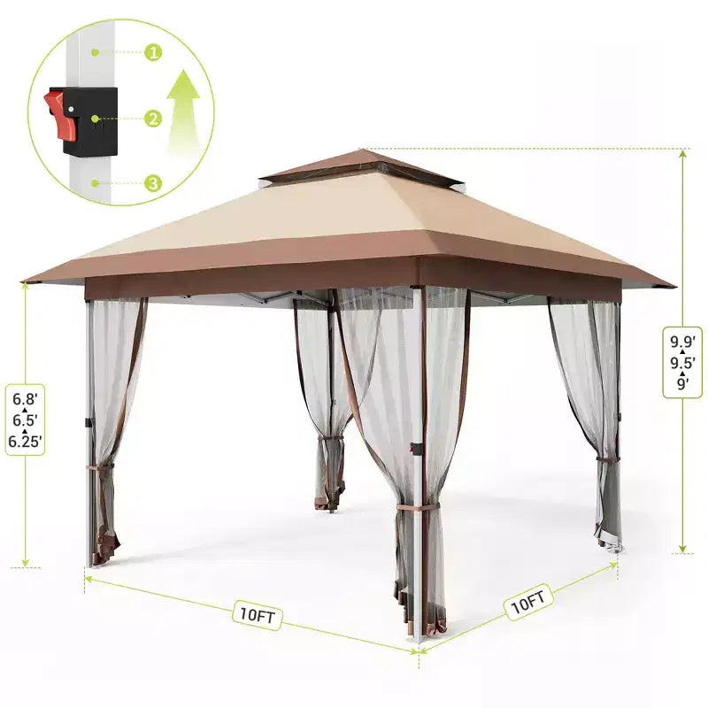 GustoWave 10x10 Ft Pop-Up Gazebo, Instant Waterproof Canopy Tent with Mosquito Netting & Sidewalls, Outdoor Shelter for Patio Garden