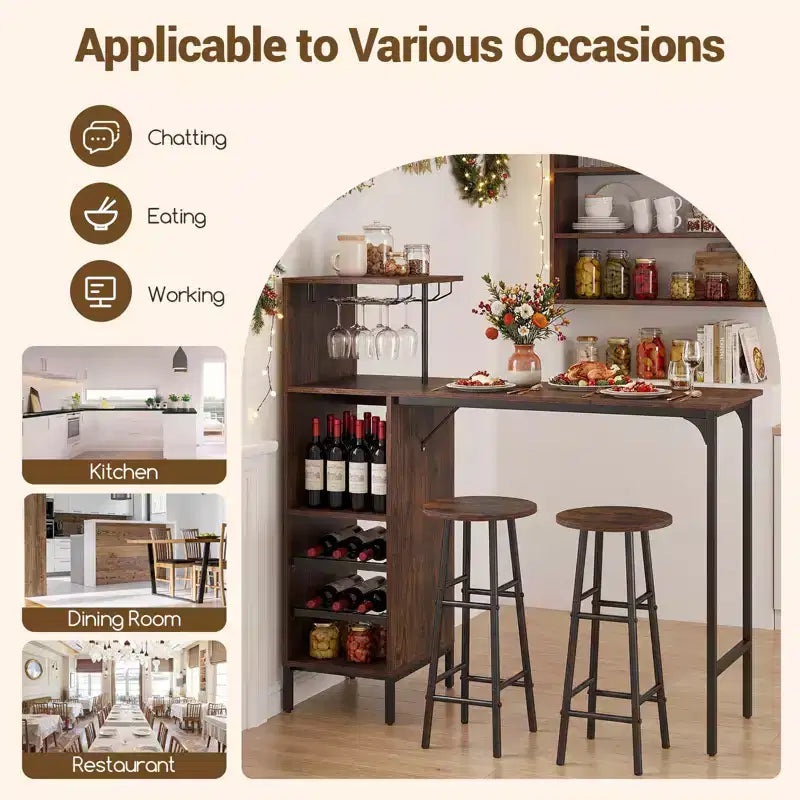 Costway 3 PCS Bar Table and Chairs Set Industrial Pub Table & Stools with Bottle Wine Rack Brown/Oak