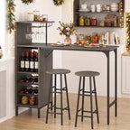 Costway 3 PCS Bar Table and Chairs Set Industrial Pub Table & Stools with Bottle Wine Rack Brown/Oak