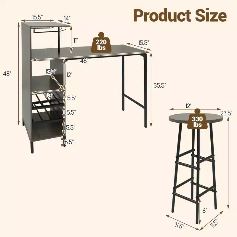 Costway 3 PCS Bar Table and Chairs Set Industrial Pub Table & Stools with Bottle Wine Rack Brown/Oak