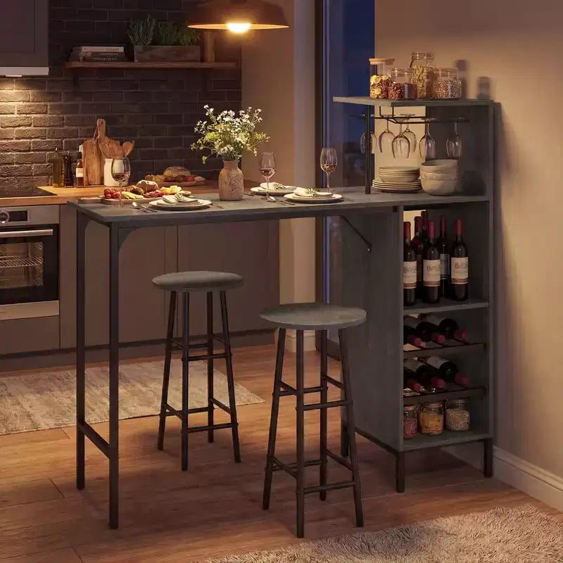 Costway 3 PCS Bar Table and Chairs Set Industrial Pub Table & Stools with Bottle Wine Rack Brown/Oak