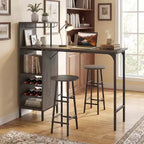 Costway 3 PCS Bar Table and Chairs Set Industrial Pub Table & Stools with Bottle Wine Rack Brown/Oak