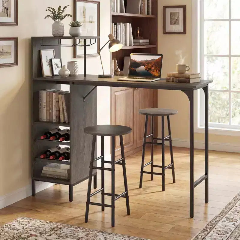 Costway 3 PCS Bar Table and Chairs Set Industrial Pub Table & Stools with Bottle Wine Rack Brown/Oak