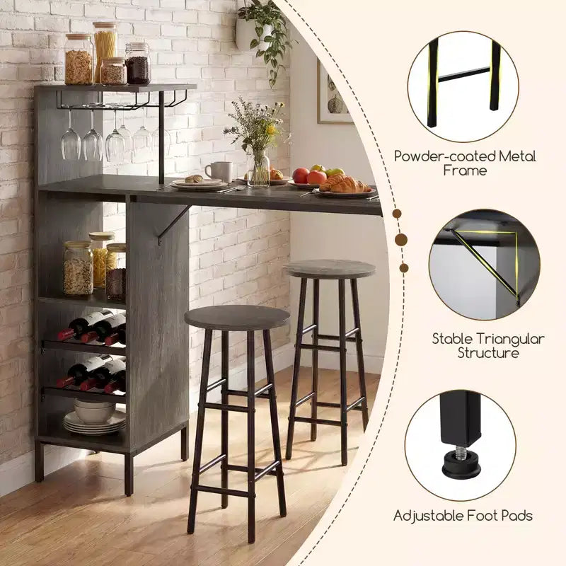 Costway 3 PCS Bar Table and Chairs Set Industrial Pub Table & Stools with Bottle Wine Rack Brown/Oak