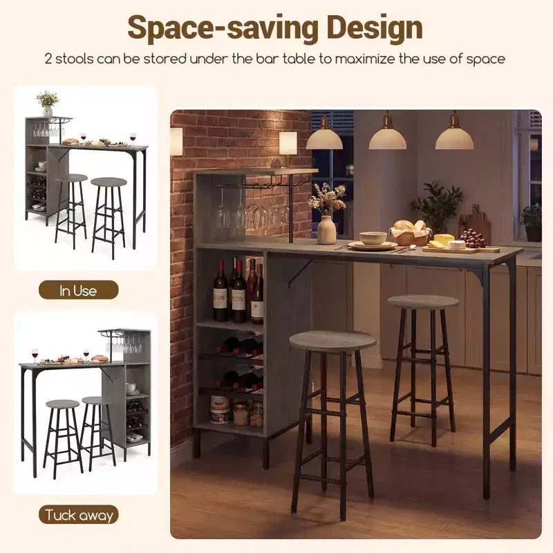 Costway 3 PCS Bar Table and Chairs Set Industrial Pub Table & Stools with Bottle Wine Rack Brown/Oak