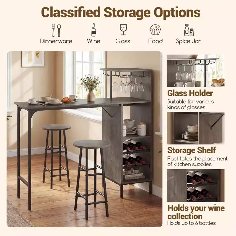 Costway 3 PCS Bar Table and Chairs Set Industrial Pub Table & Stools with Bottle Wine Rack Brown/Oak