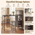 Costway 3 PCS Bar Table and Chairs Set Industrial Pub Table & Stools with Bottle Wine Rack Brown/Oak