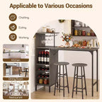 Costway 3 PCS Bar Table and Chairs Set Industrial Pub Table & Stools with Bottle Wine Rack Brown/Oak