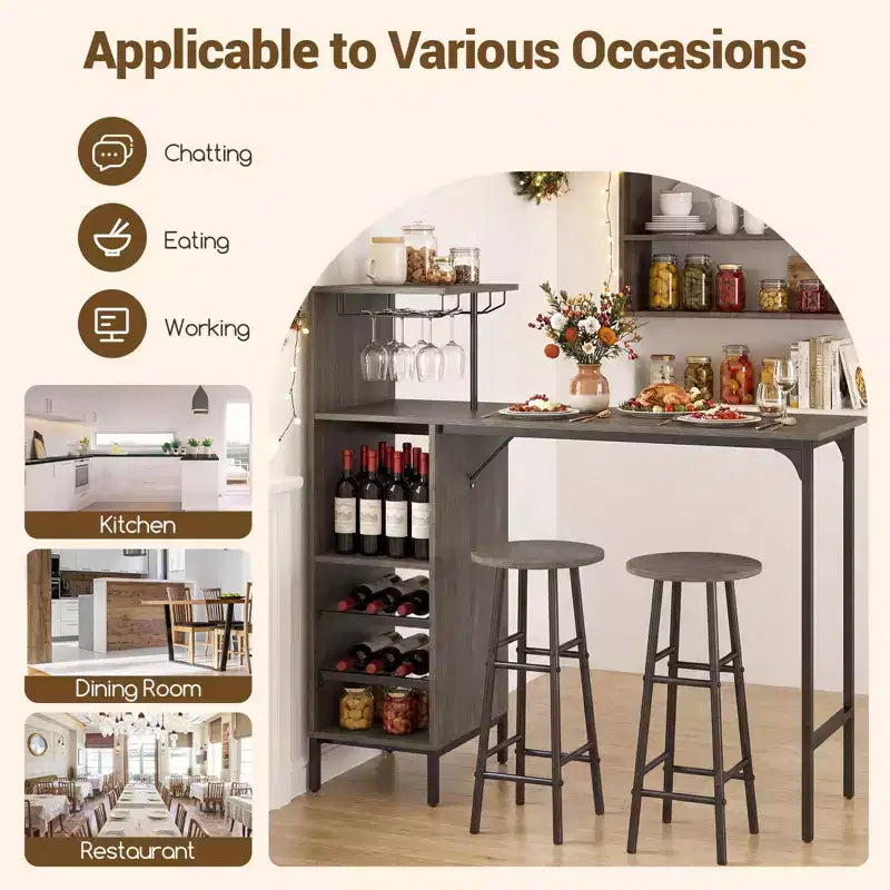 Costway 3 PCS Bar Table and Chairs Set Industrial Pub Table & Stools with Bottle Wine Rack Brown/Oak