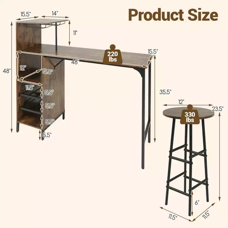 Costway 3 PCS Bar Table and Chairs Set Industrial Pub Table & Stools with Bottle Wine Rack Brown/Oak