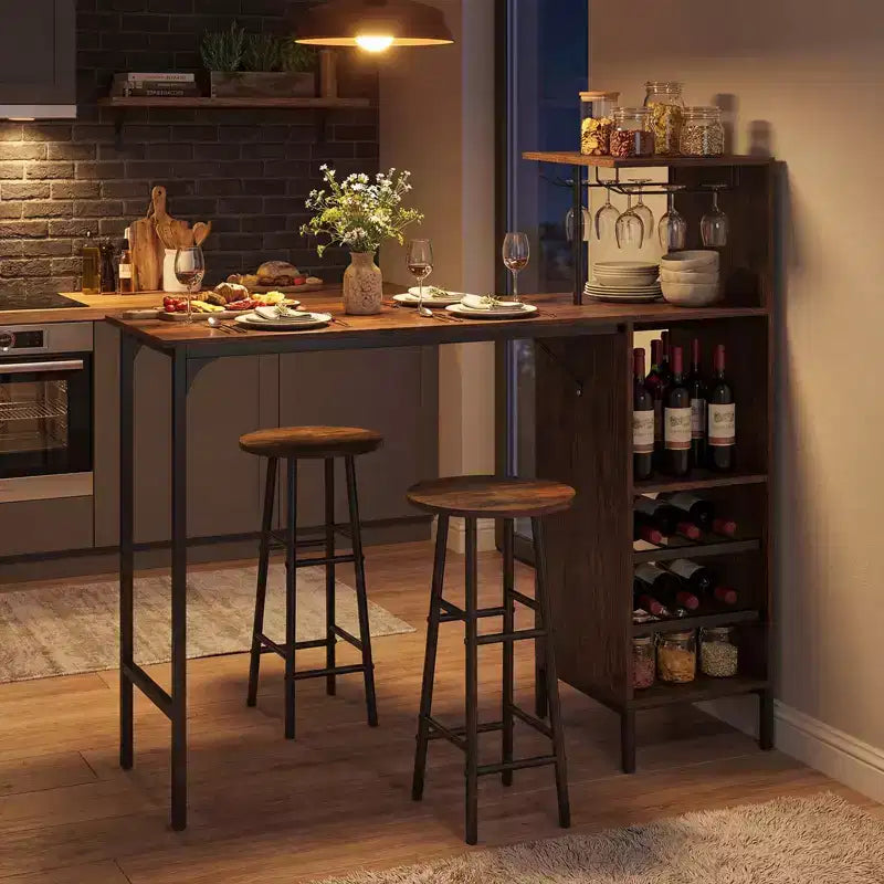 Costway 3 PCS Bar Table and Chairs Set Industrial Pub Table & Stools with Bottle Wine Rack Brown/Oak