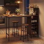 Costway 3 PCS Bar Table and Chairs Set Industrial Pub Table & Stools with Bottle Wine Rack Brown/Oak