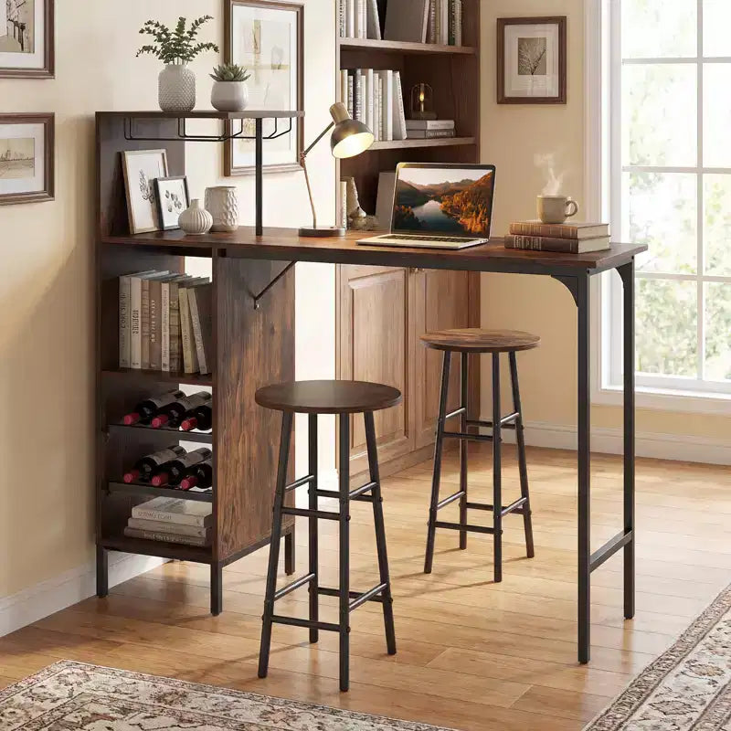Costway 3 PCS Bar Table and Chairs Set Industrial Pub Table & Stools with Bottle Wine Rack Brown/Oak