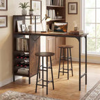 Costway 3 PCS Bar Table and Chairs Set Industrial Pub Table & Stools with Bottle Wine Rack Brown/Oak