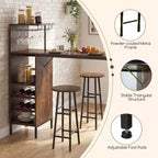 Costway 3 PCS Bar Table and Chairs Set Industrial Pub Table & Stools with Bottle Wine Rack Brown/Oak