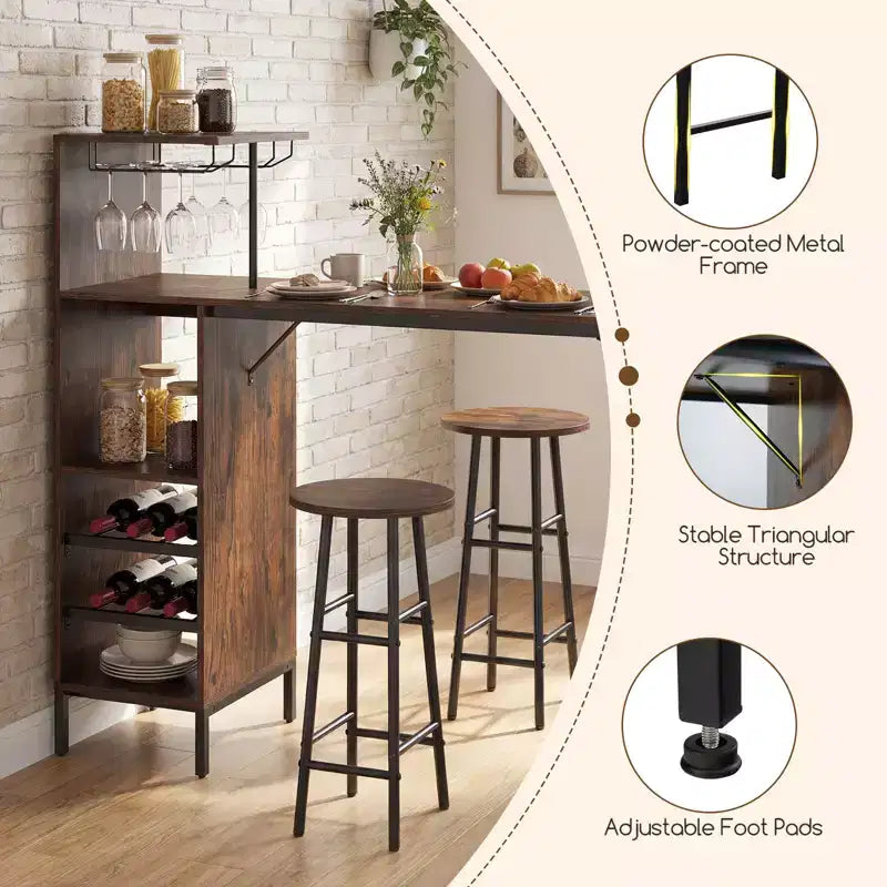 Costway 3 PCS Bar Table and Chairs Set Industrial Pub Table & Stools with Bottle Wine Rack Brown/Oak