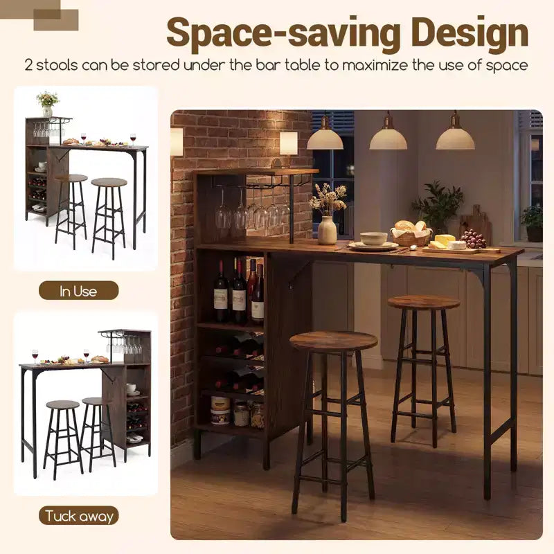 Costway 3 PCS Bar Table and Chairs Set Industrial Pub Table & Stools with Bottle Wine Rack Brown/Oak