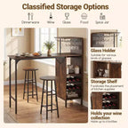 Costway 3 PCS Bar Table and Chairs Set Industrial Pub Table & Stools with Bottle Wine Rack Brown/Oak