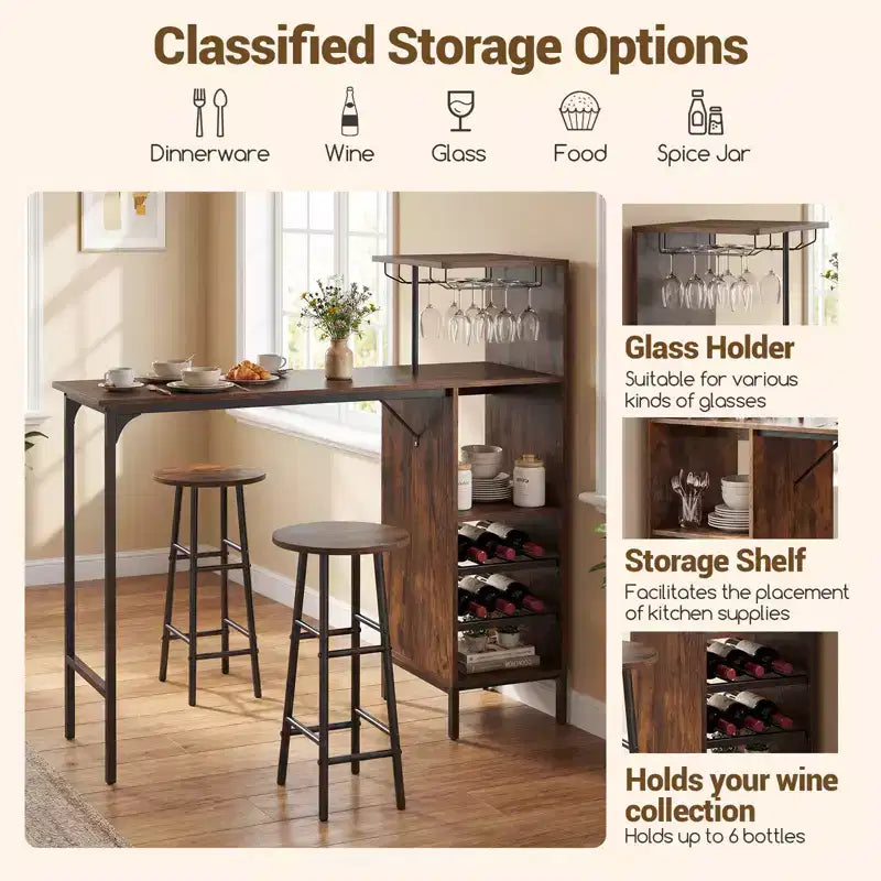 Costway 3 PCS Bar Table and Chairs Set Industrial Pub Table & Stools with Bottle Wine Rack Brown/Oak