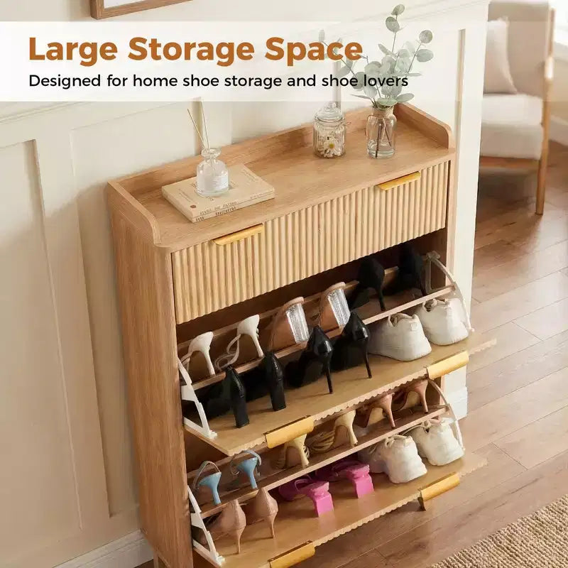 COZONY Narrow Fluted Shoe Cabinet, Slim Double Door Storage Organizer with Adjustable Shelves & 2-Drawer, Compact for Small Spaces