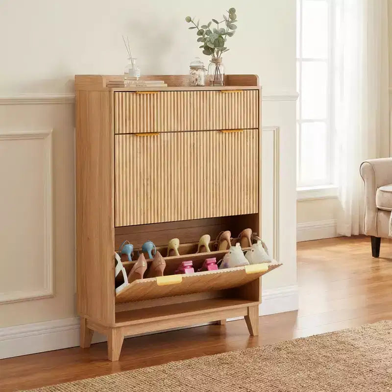 COZONY Narrow Fluted Shoe Cabinet, Slim Double Door Storage Organizer with Adjustable Shelves & 2-Drawer, Compact for Small Spaces