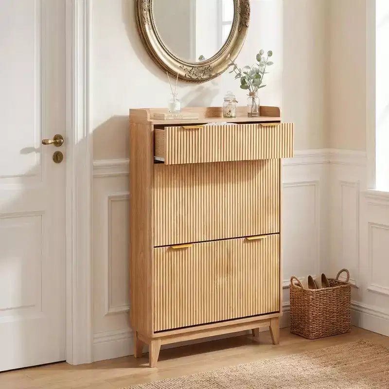 COZONY Narrow Fluted Shoe Cabinet, Slim Double Door Storage Organizer with Adjustable Shelves & 2-Drawer, Compact for Small Spaces