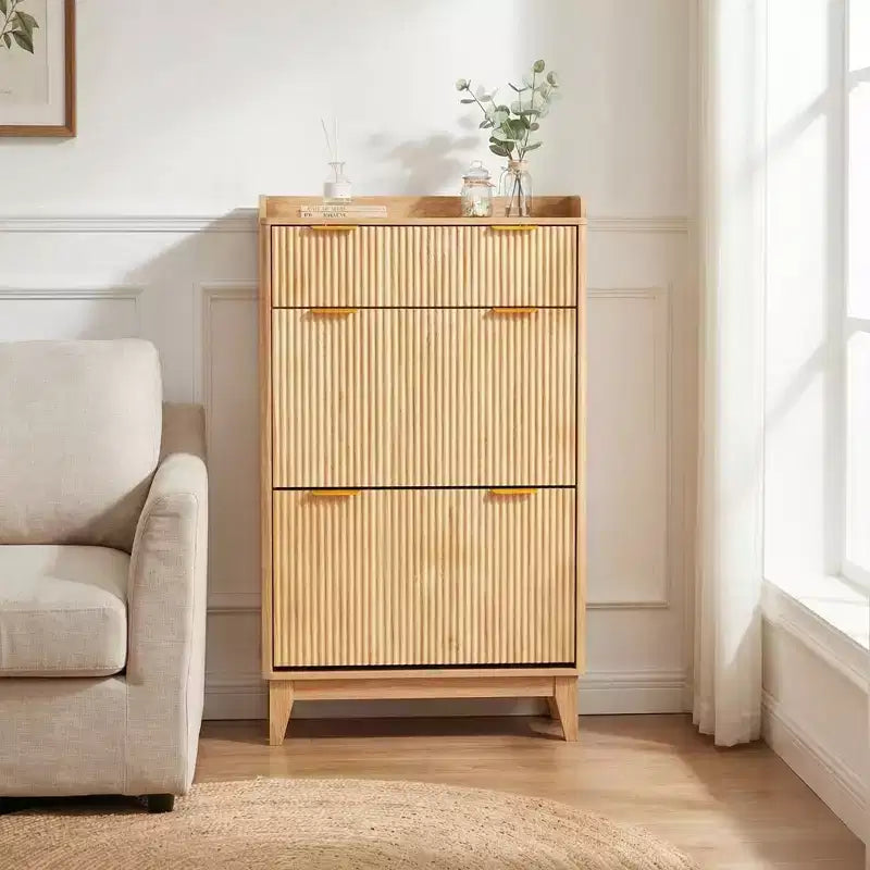 COZONY Narrow Fluted Shoe Cabinet, Slim Double Door Storage Organizer with Adjustable Shelves & 2-Drawer, Compact for Small Spaces