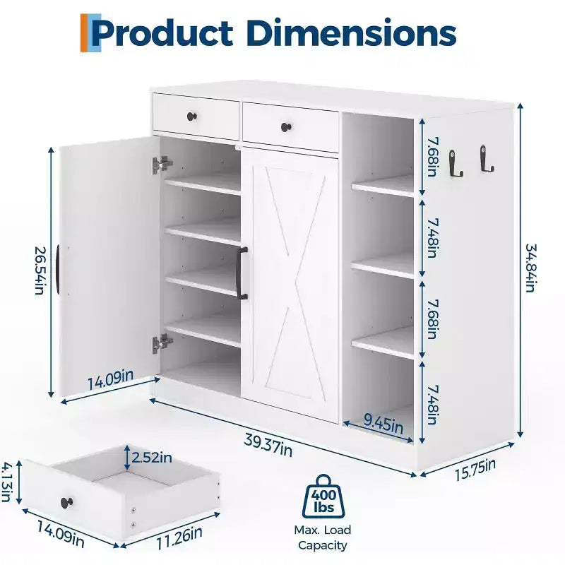 Modern Farmhouse Entryway Storage Cabinet, 6 Adjustable Shelves, 2 Drawers, for Hallway, Living Room
