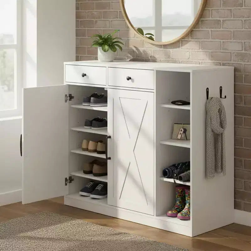 Modern Farmhouse Entryway Storage Cabinet, 6 Adjustable Shelves, 2 Drawers, for Hallway, Living Room