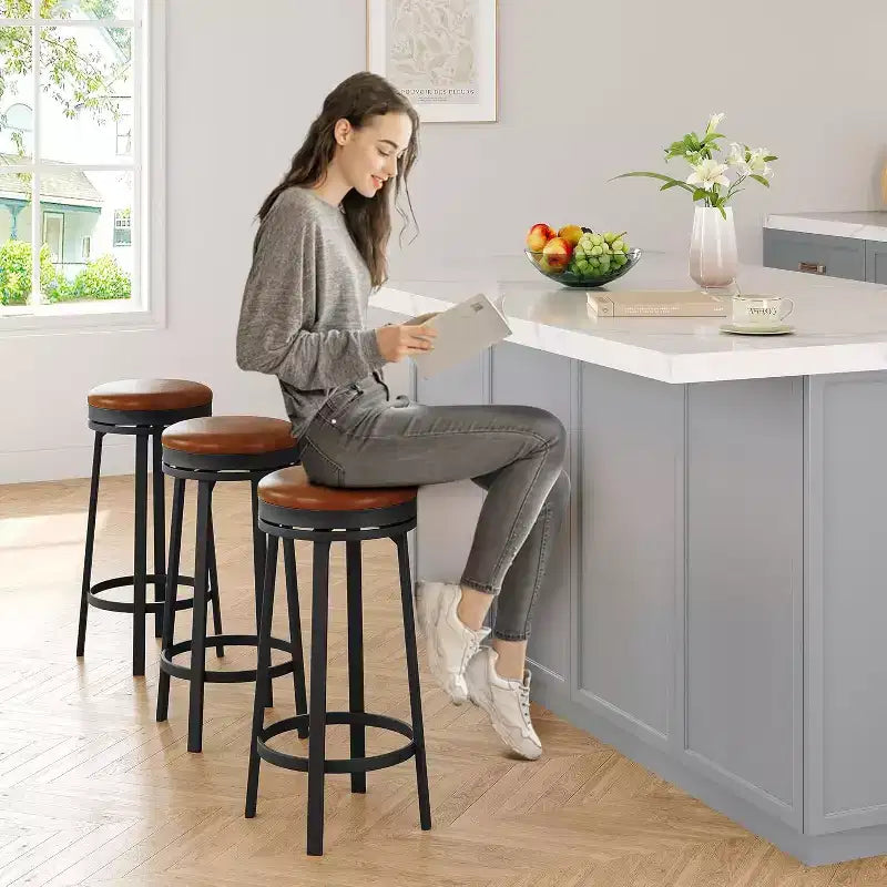 Set of 2 Backless Swivel Bar Stools 30 Inch, Counter Height Kitchen Stools with Footrest, Waterproof PU Leather Seat for Kitchen Island and Home Bar