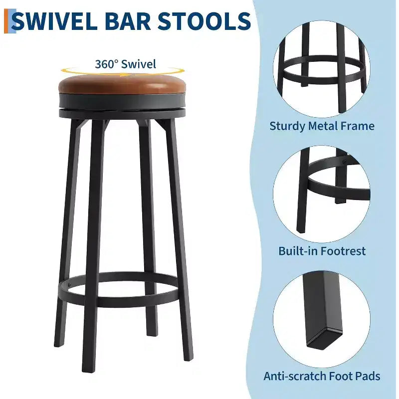 Set of 2 Backless Swivel Bar Stools 30 Inch, Counter Height Kitchen Stools with Footrest, Waterproof PU Leather Seat for Kitchen Island and Home Bar